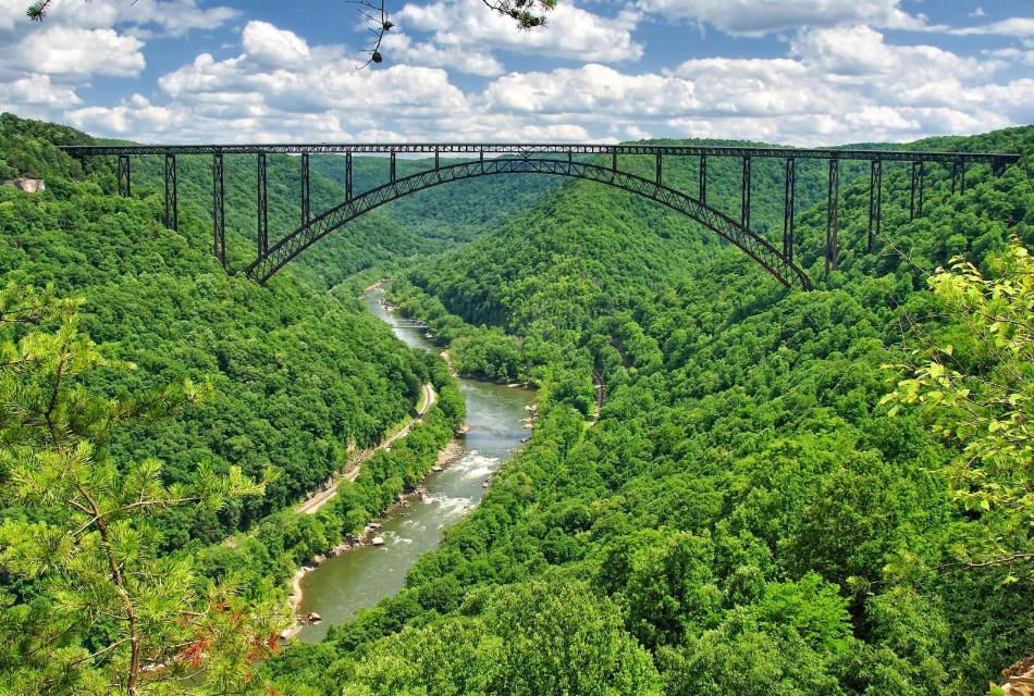 Expansive tree covered valley with a river at the bottom and trestle bridge across